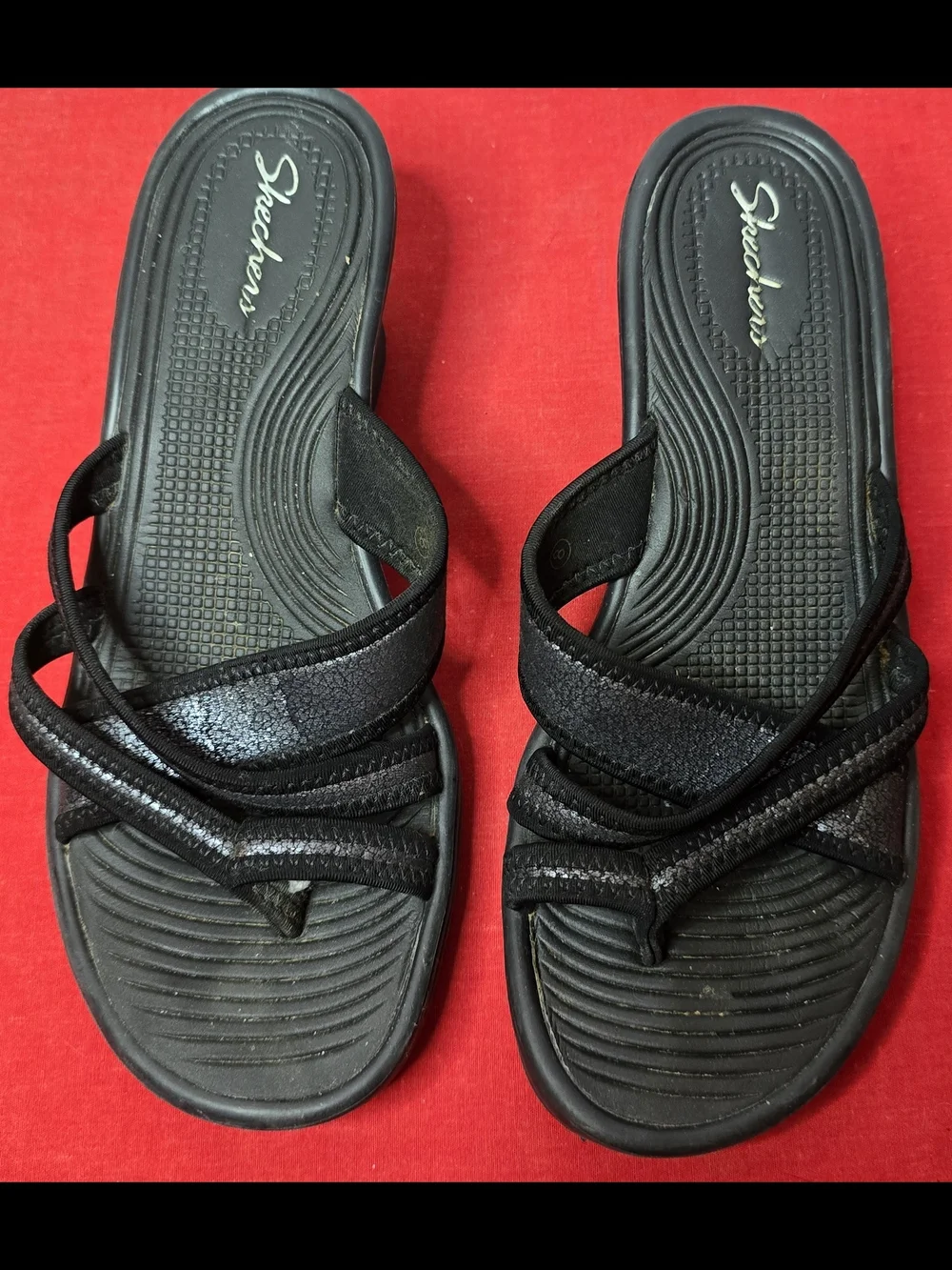 Skechers Women's Black Thong Wedge Sandals Comfort Slides Size 8